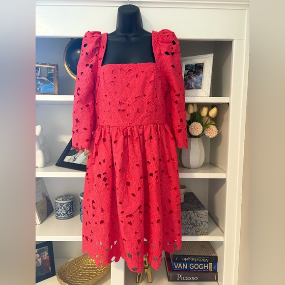 Cara Cara Dresses & Skirts - Cara Cara Vibrant Red Floral Lace Hart  Dress in hibiscus